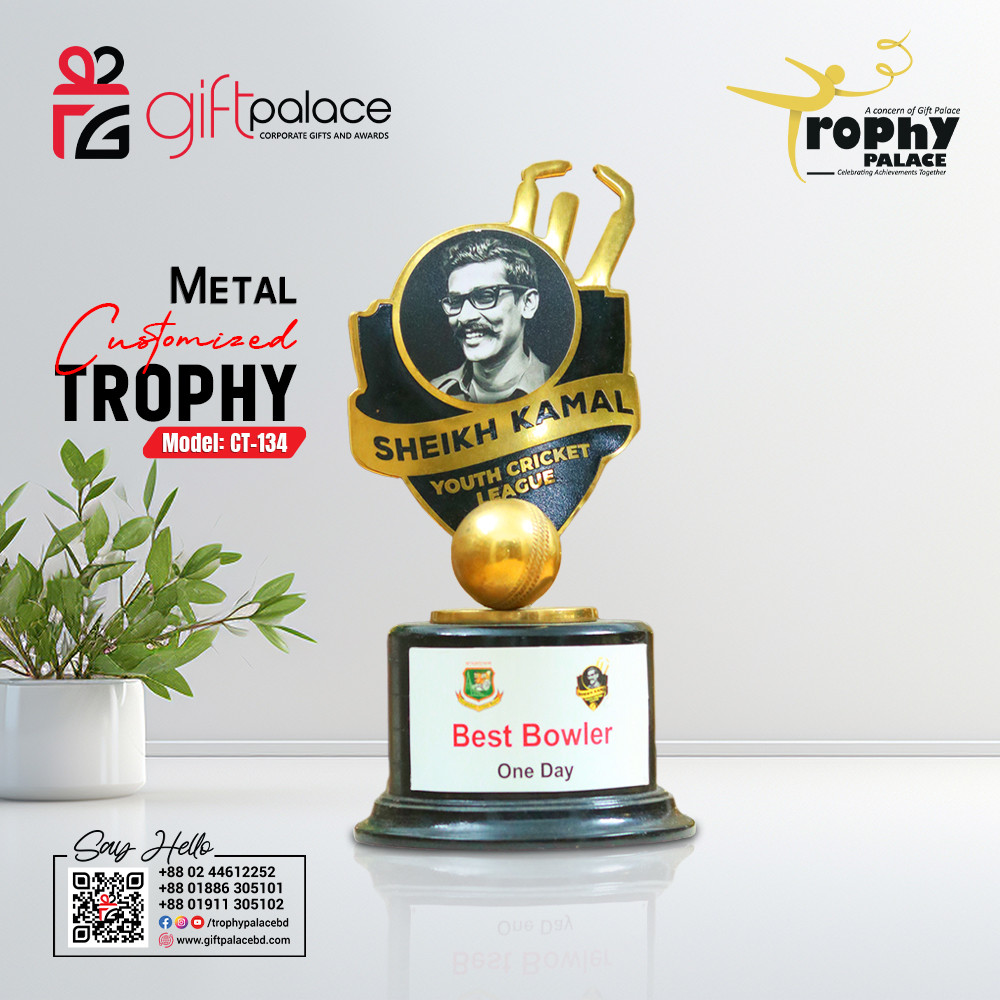 Customized Brass Metal Cricket Trophy with Wooden Base -CT-134