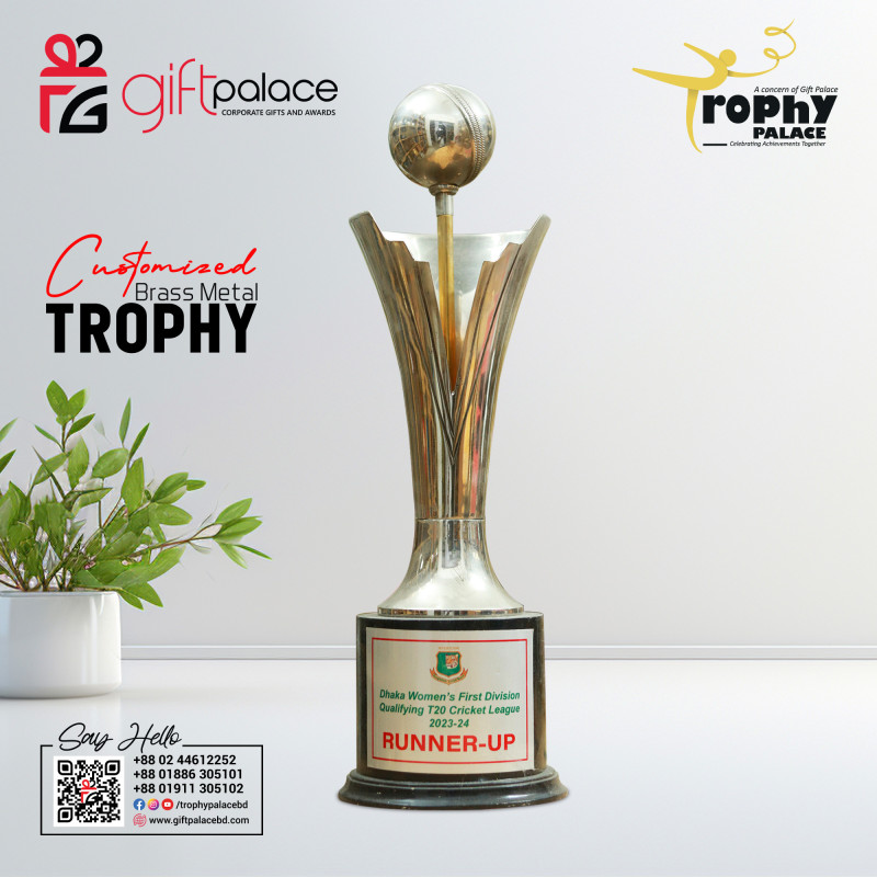 Customized Brass Metal Cricket Trophy with Wooden Base-CT-009