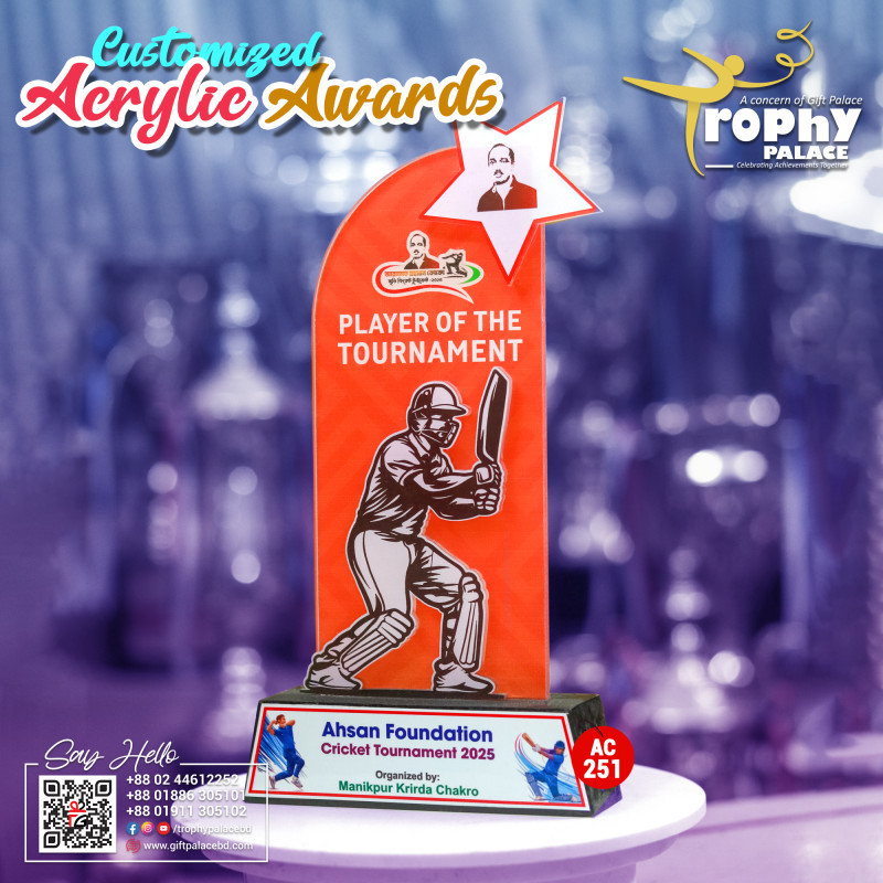 Acrylic Cricket award with wooden base-AC-251