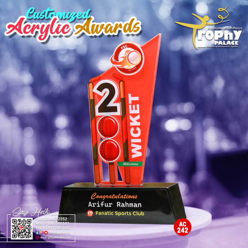 Acrylic Cricket award with wooden base-AC-242