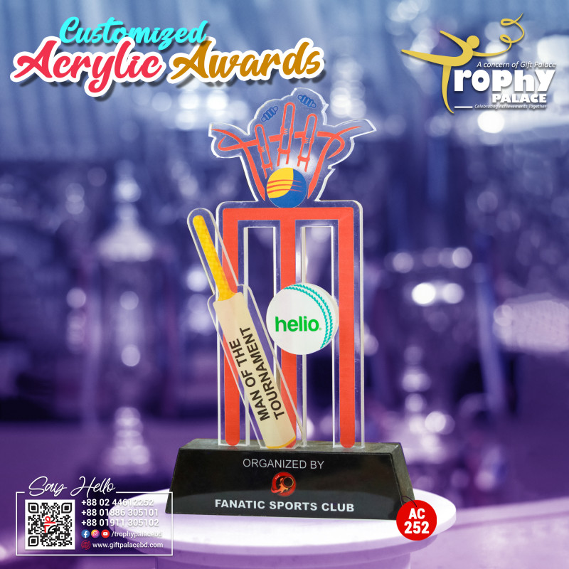 Acrylic Cricket award with wooden base-AC-252