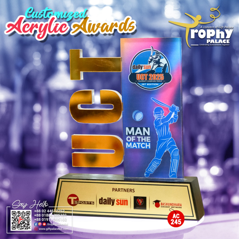 Acrylic Cricket award with wooden base-AC-245