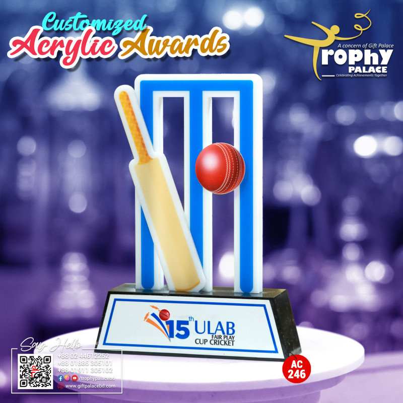 Acrylic Cricket award with wooden base-AC-246