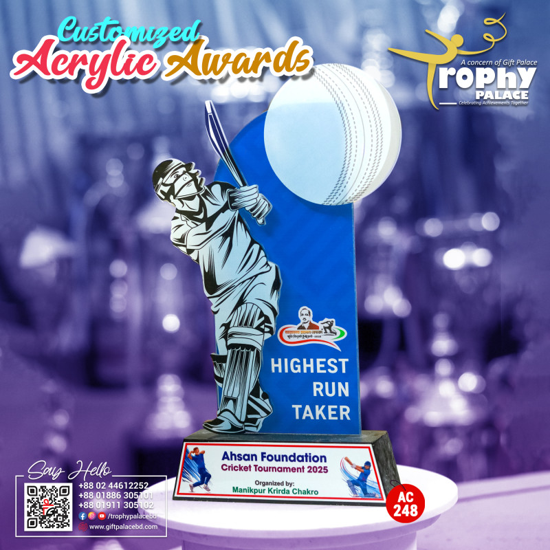 Acrylic Cricket award with wooden base-AC-248
