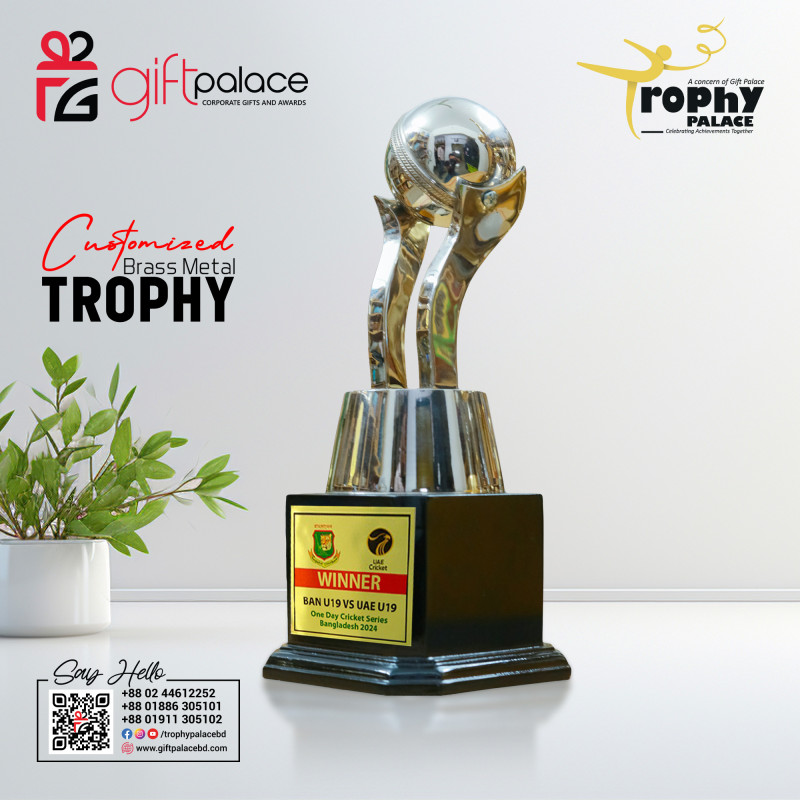 Customized Brass Metal Cricket Trophy with Wooden Base-CT-003