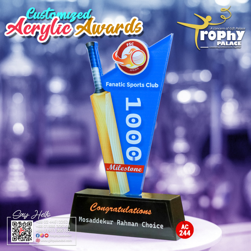 Acrylic Cricket award with wooden base-AC-244