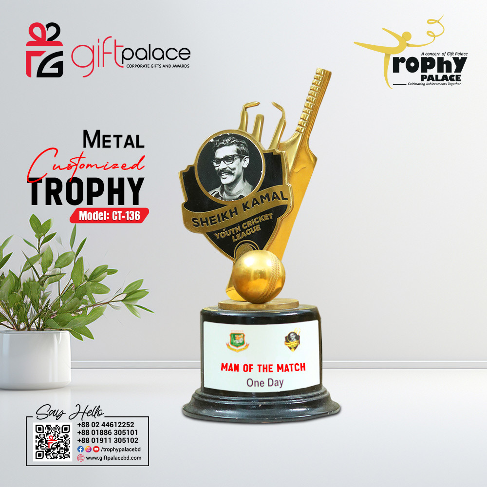 Customized Brass Metal Cricket Trophy with Wooden Base -CT-136