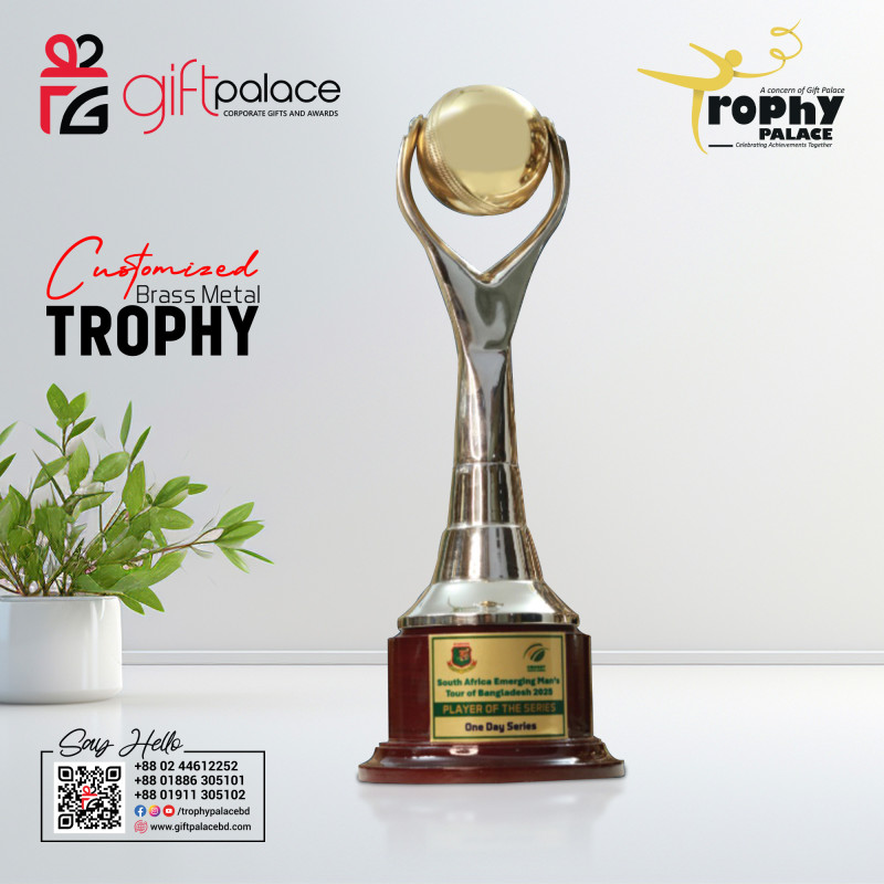 Customized Brass Metal Cricket Award with Wooden Base-CT-005