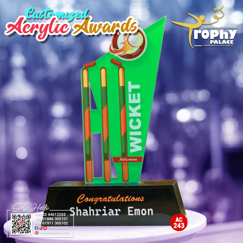 Acrylic Cricket award with wooden base-AC-243