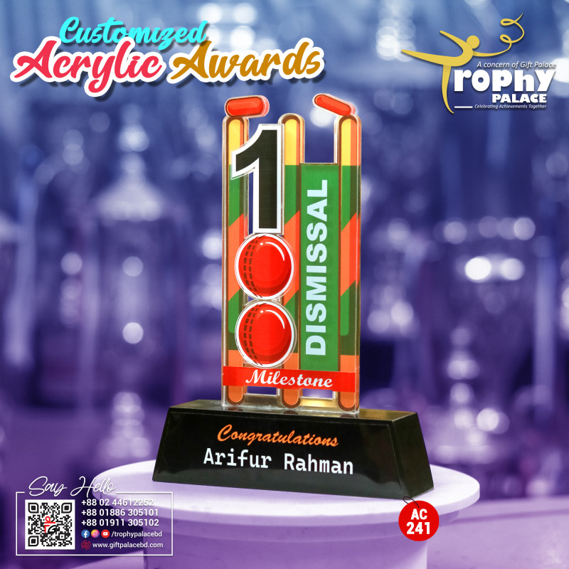 Acrylic Cricket award with wooden base-AC-241