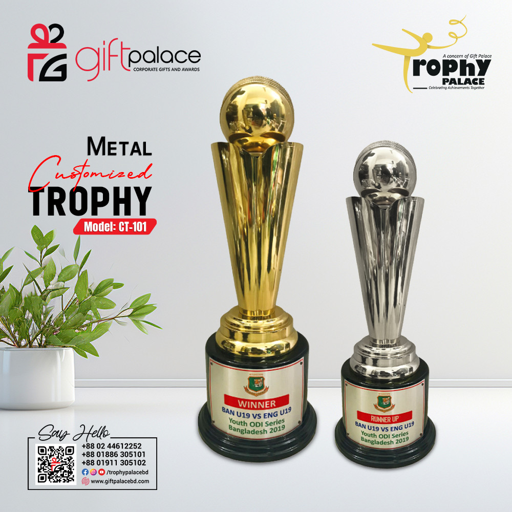 Customized Brass Metal Cricket Trophy with Wooden Base – CT-101-Pair