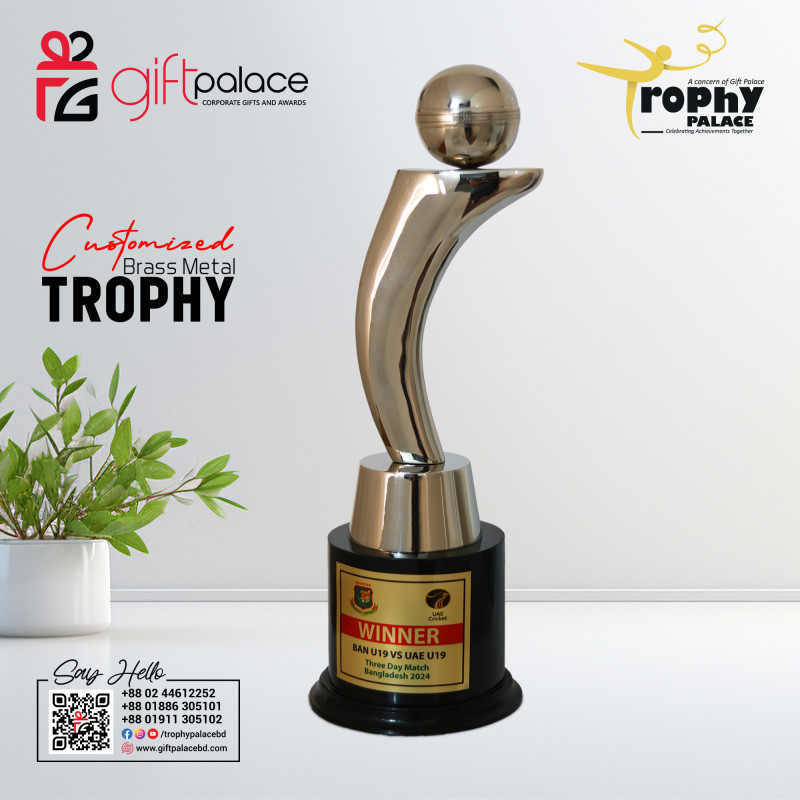 Customized Brass Metal Cricket Trophy with Wooden Base-CT-007
