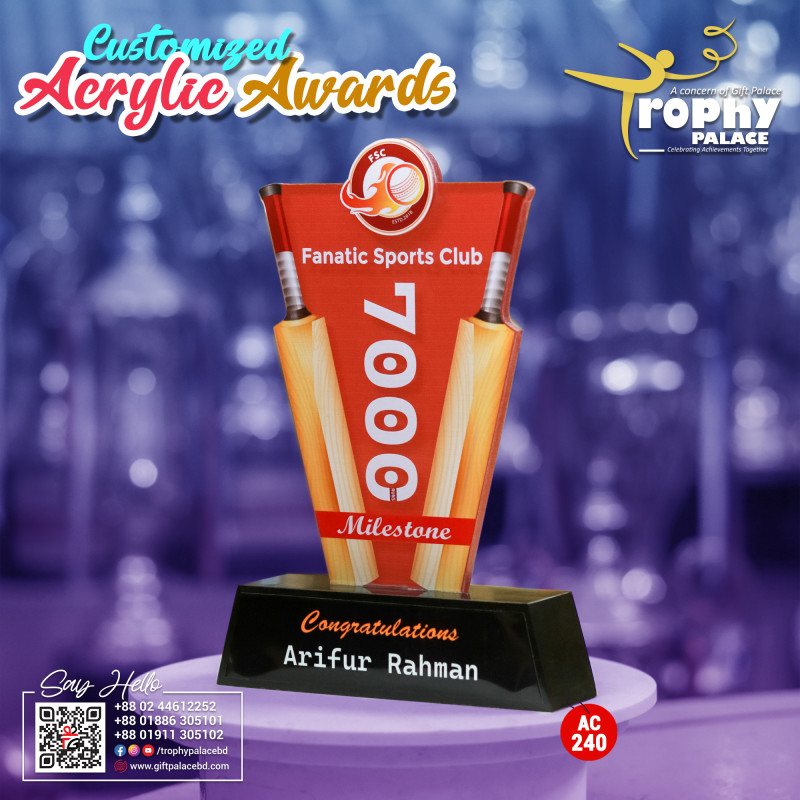 Acrylic Cricket award with wooden base-AC-240
