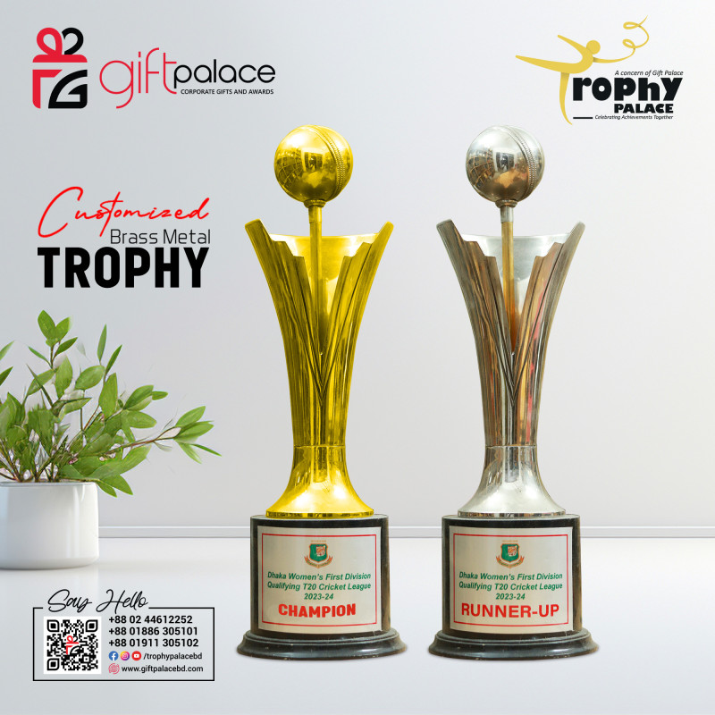 Customized Brass Metal Cricket Trophy with Wooden Base-CT-009 pair
