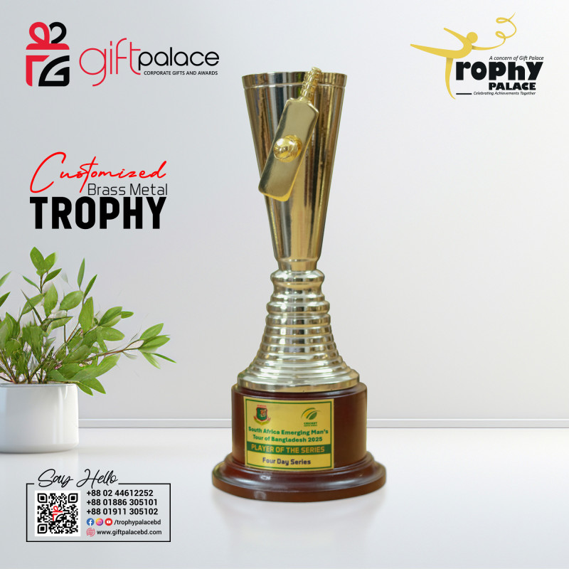 Customized Brass Metal Cricket Award with Wooden Base CT-001