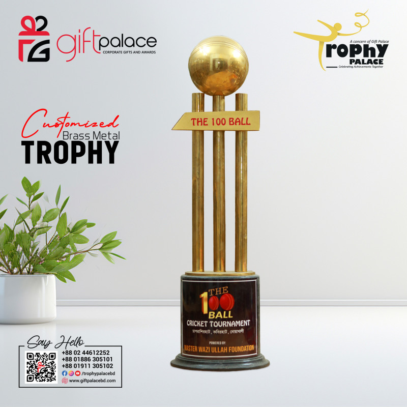 Customized Brass Metal Cricket Trophy with Wooden Base-CT-010